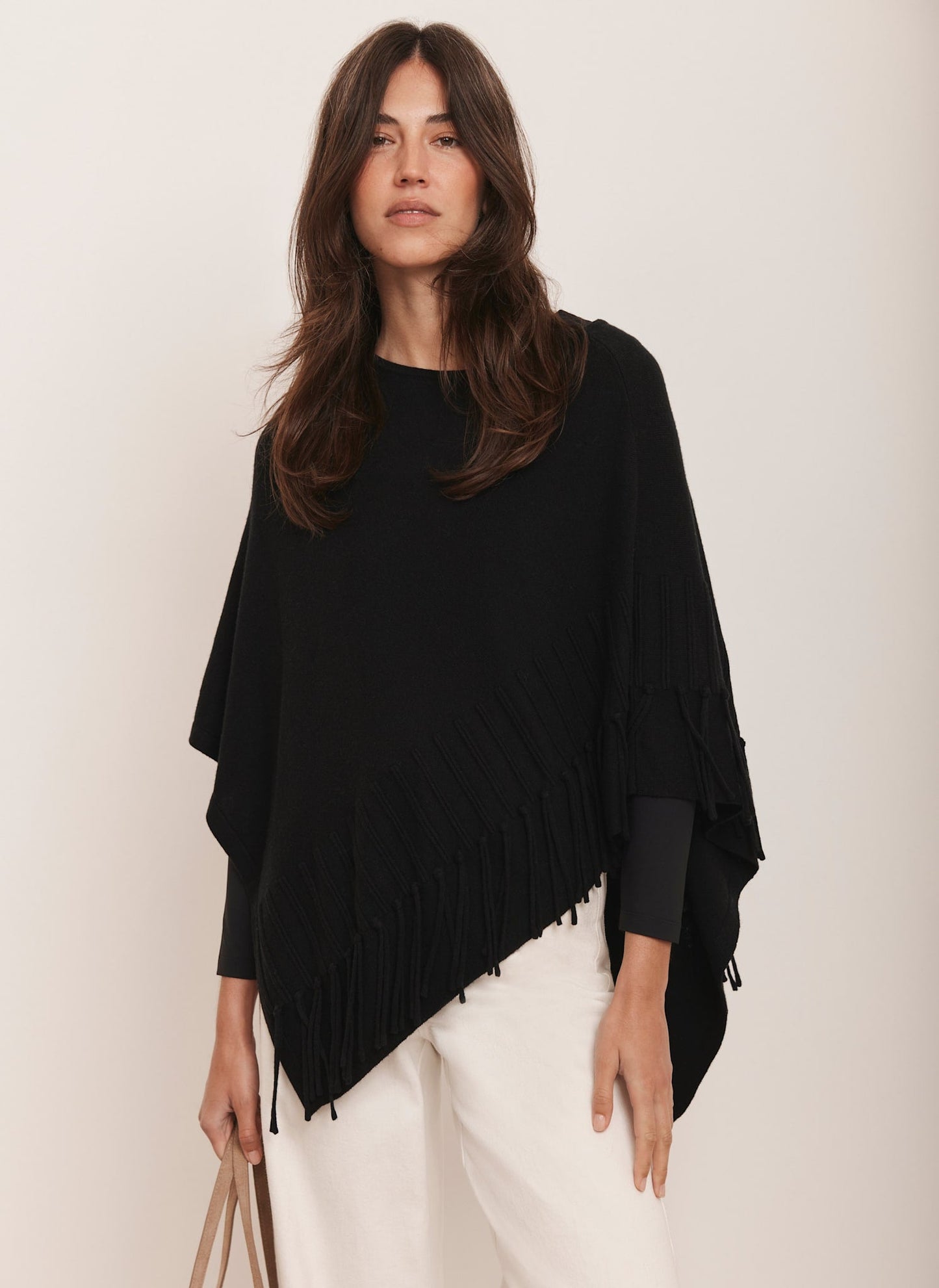 Black Cotton Blend Fringed Knit Poncho