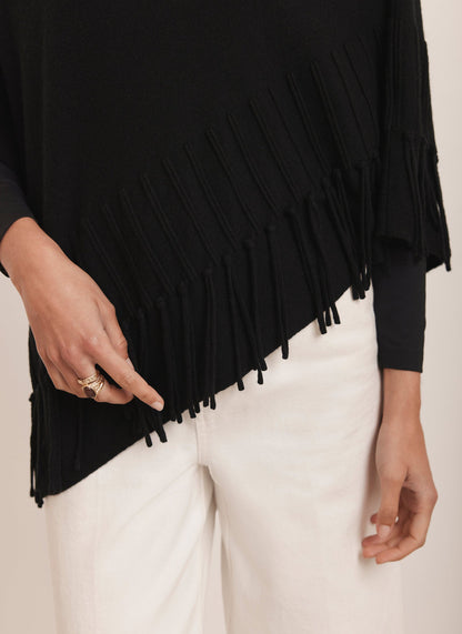 Black Cotton Blend Fringed Knit Poncho