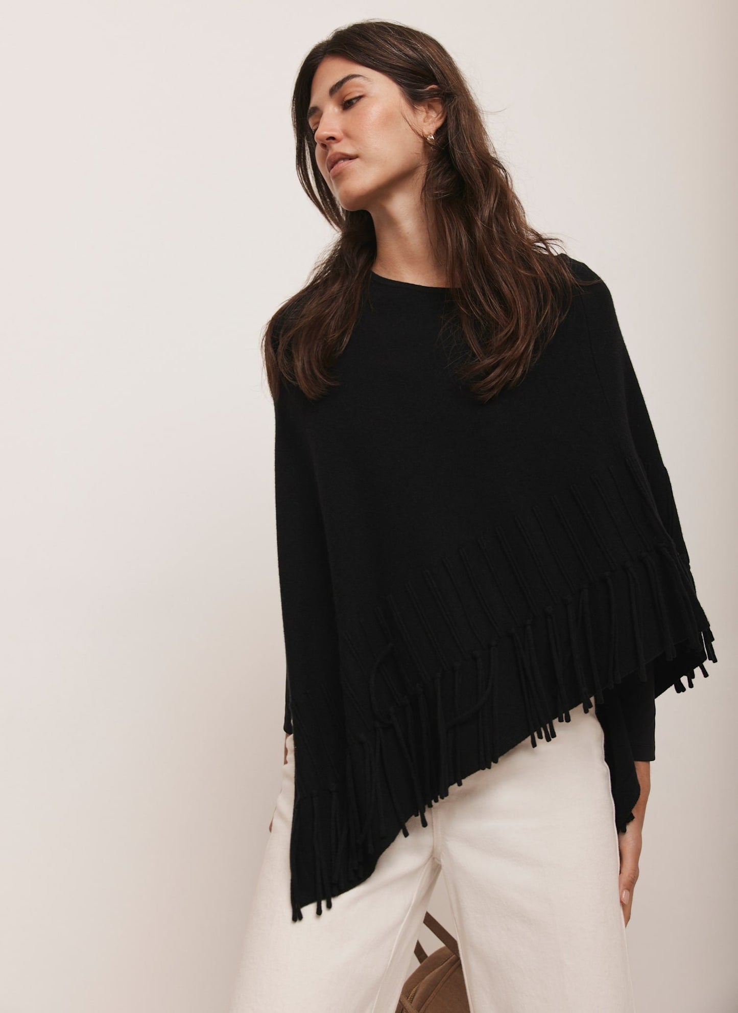 Black Cotton Blend Fringed Knit Poncho