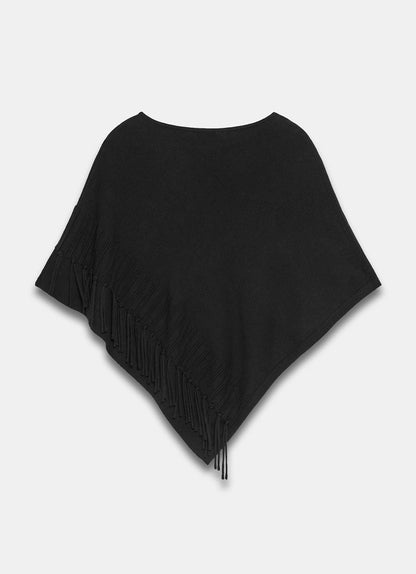 Black Cotton Blend Fringed Knit Poncho