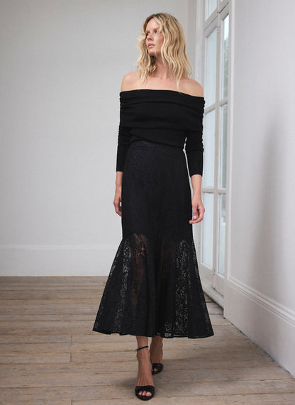 Black Lace Fluted Sheer Skirt