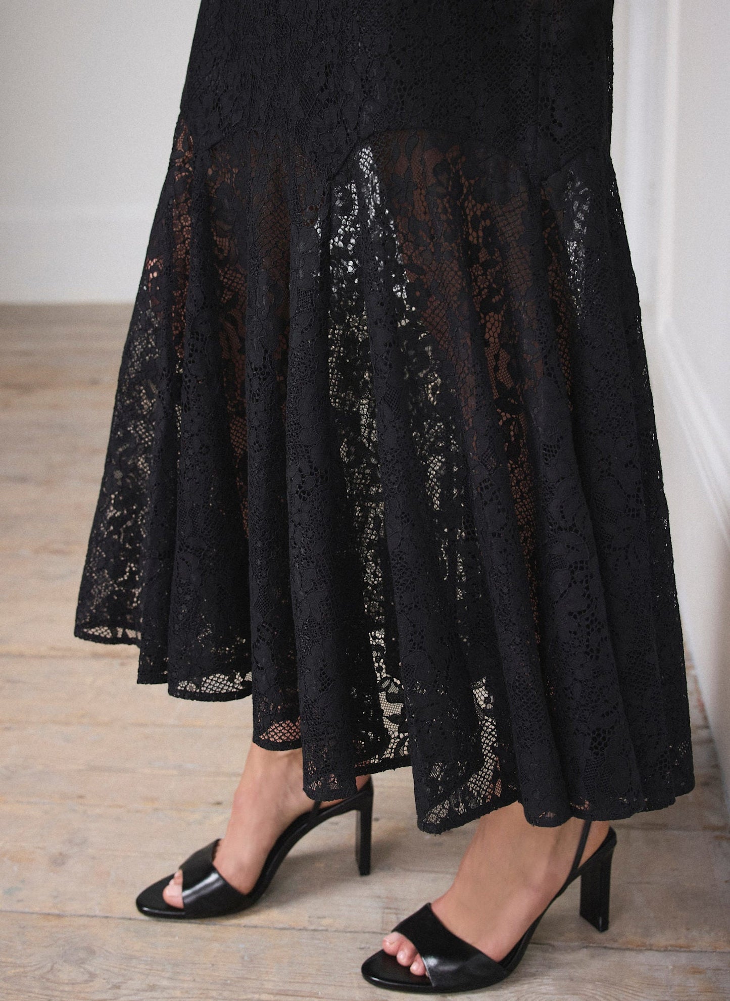 Black Lace Fluted Sheer Skirt