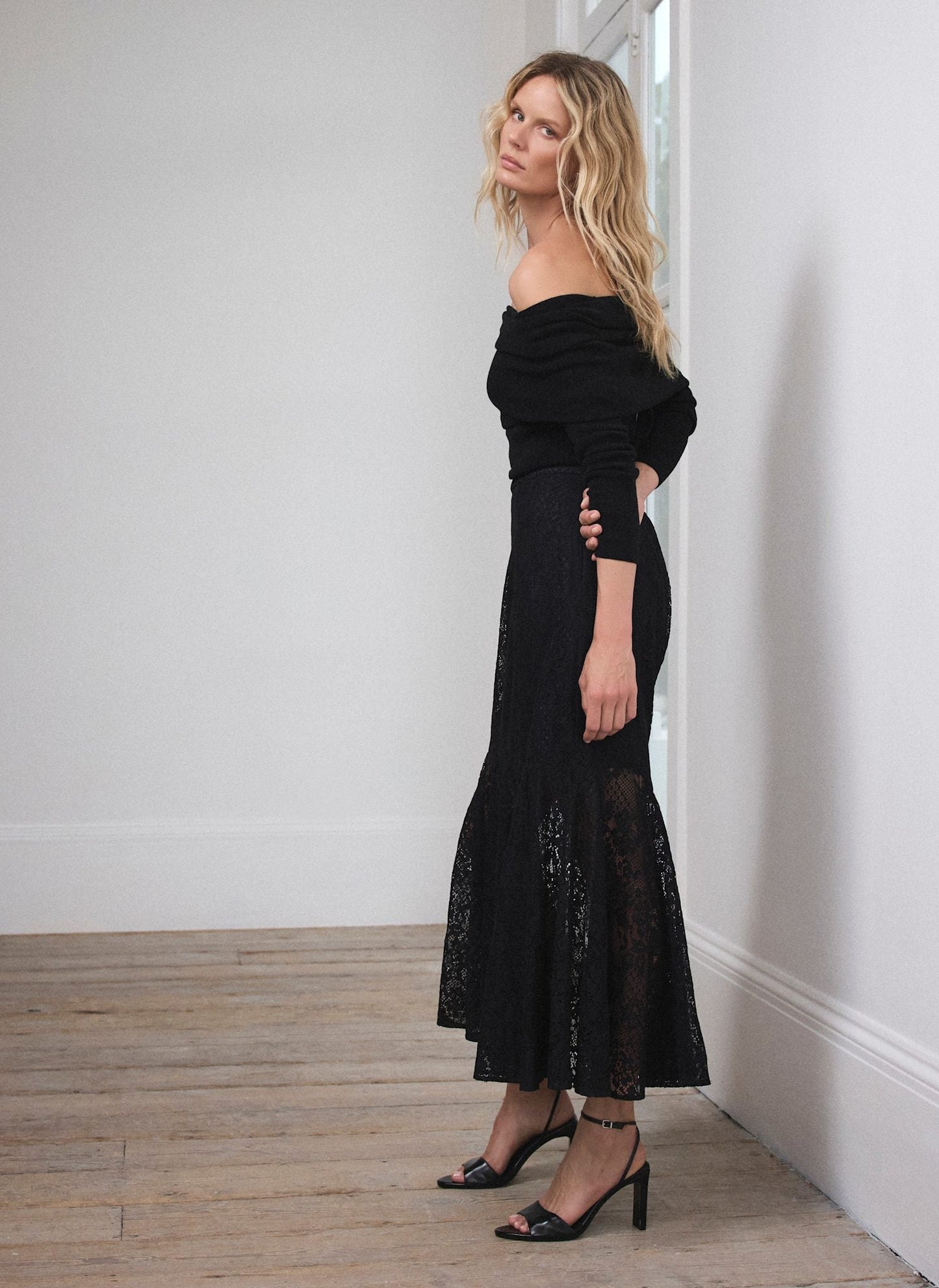 Black Lace Fluted Sheer Skirt
