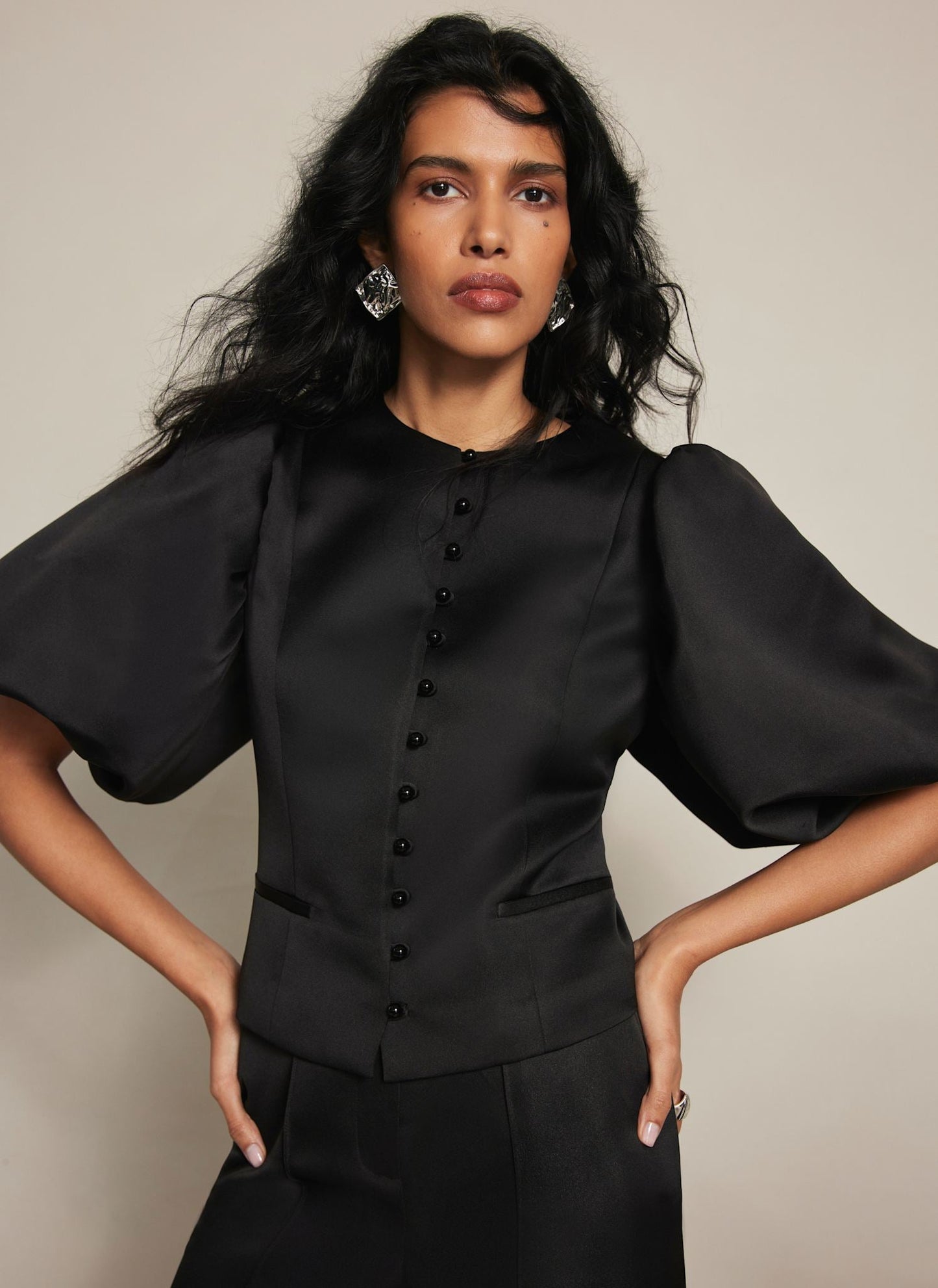 Black Puff Sleeve Satin Jacket
