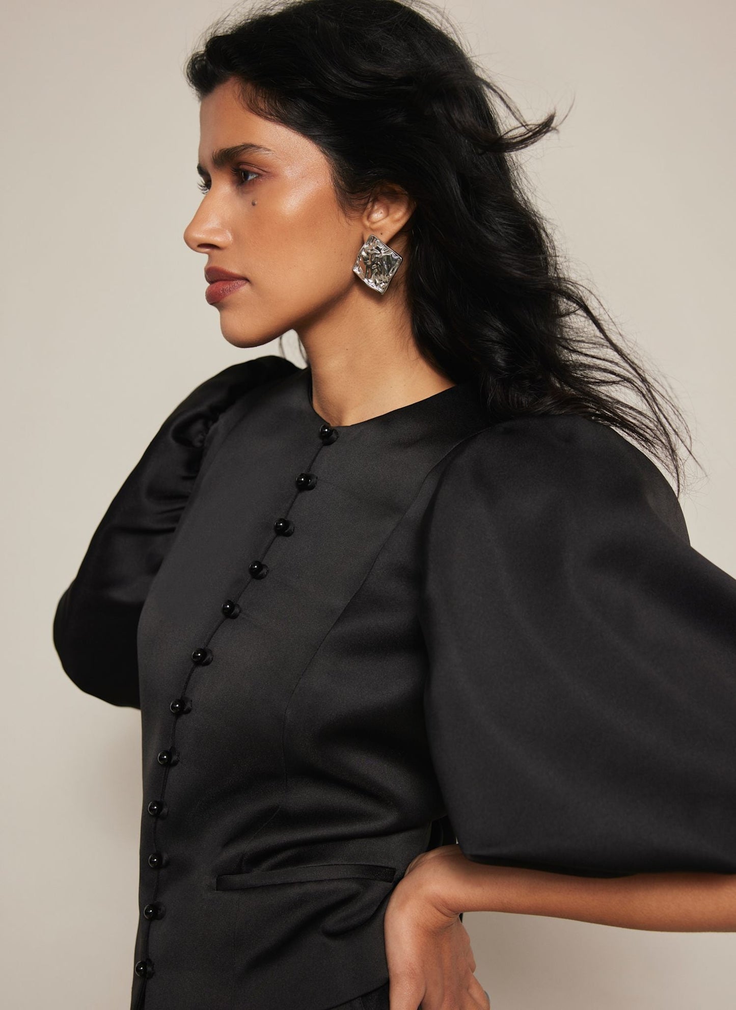 Black Puff Sleeve Satin Jacket