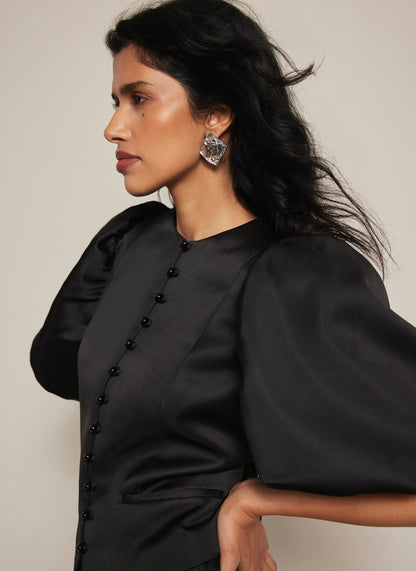 Black Puff Sleeve Satin Jacket