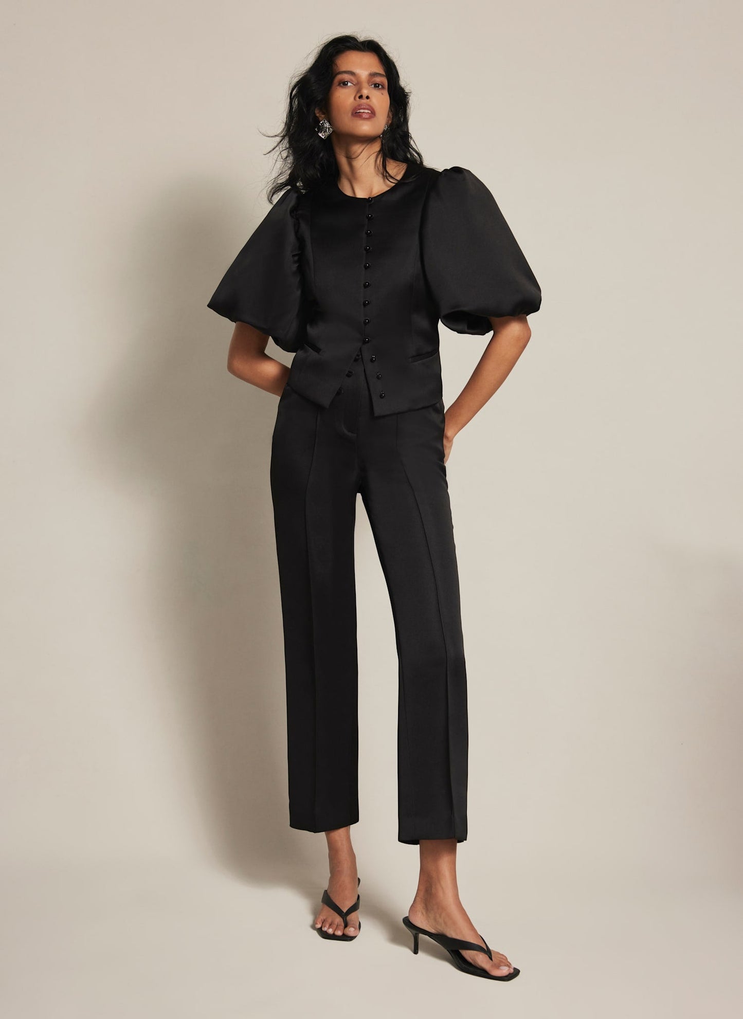 Black Puff Sleeve Satin Jacket