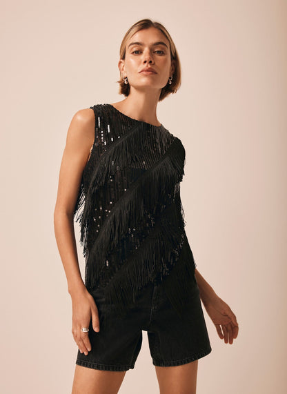 Black Sequin Tassel Top