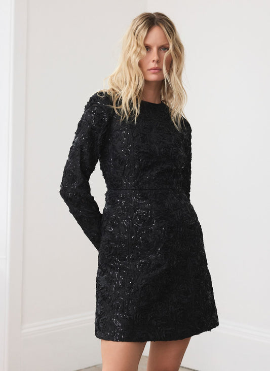 Black Sequin Applique Mini Dress
