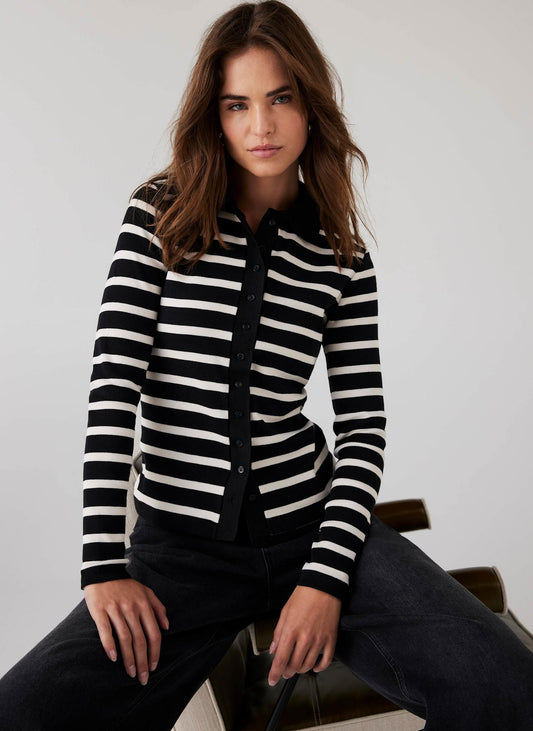 Black Cotton Striped Polo Collar Top