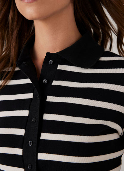 Black Cotton Striped Polo Collar Top