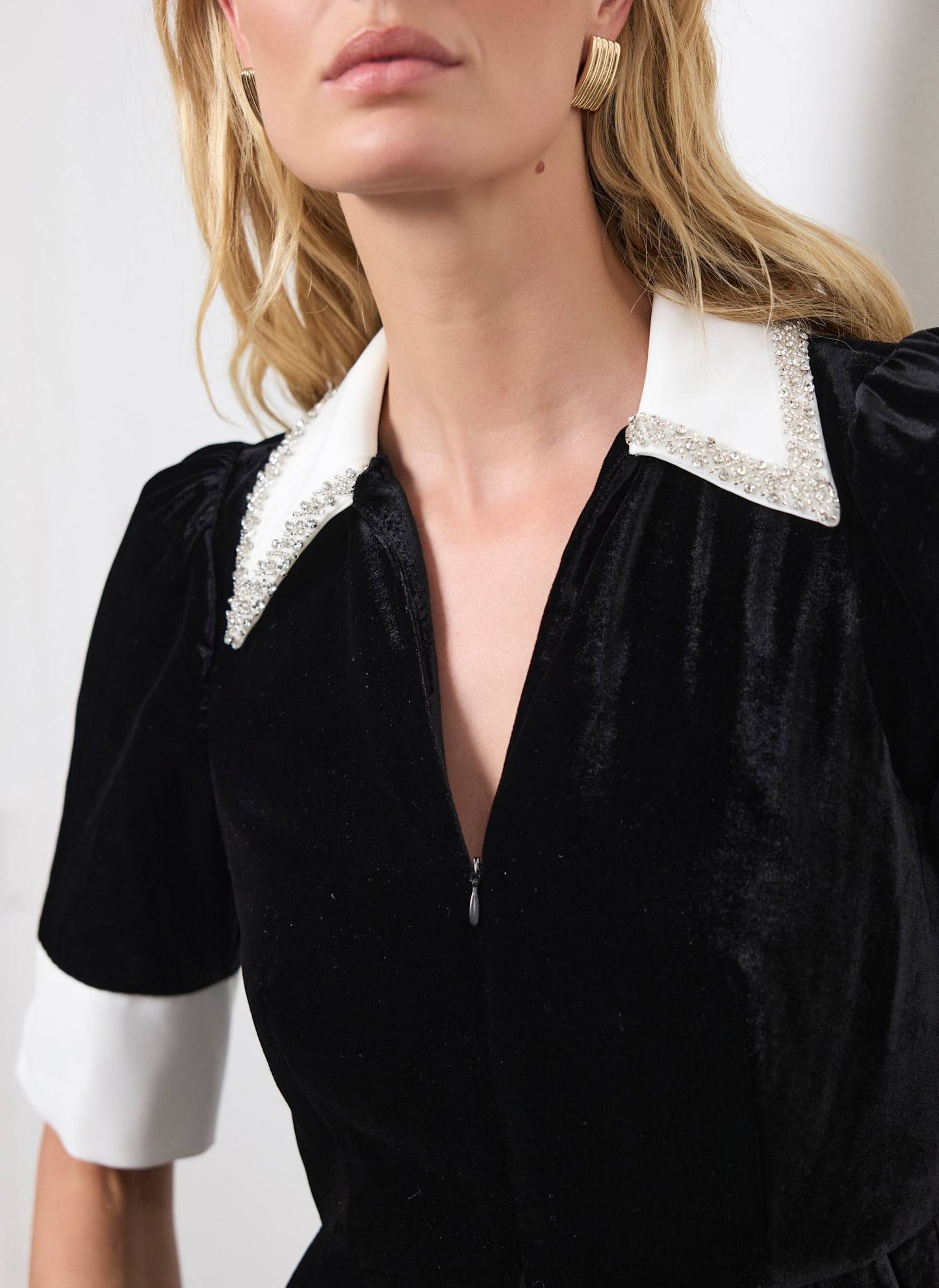 Black Velvet Embellished Collar Jumpsuit