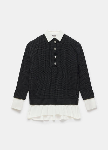 Black Button Detail Layered Shirt Knit Jumper