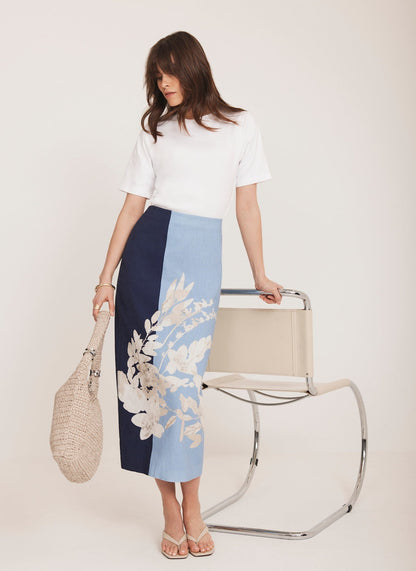 Blue Floral Print Pencil Skirt