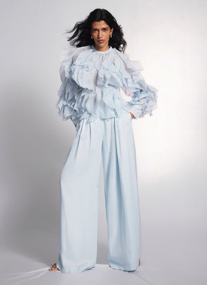 Blue Organza Ruffle Blouse