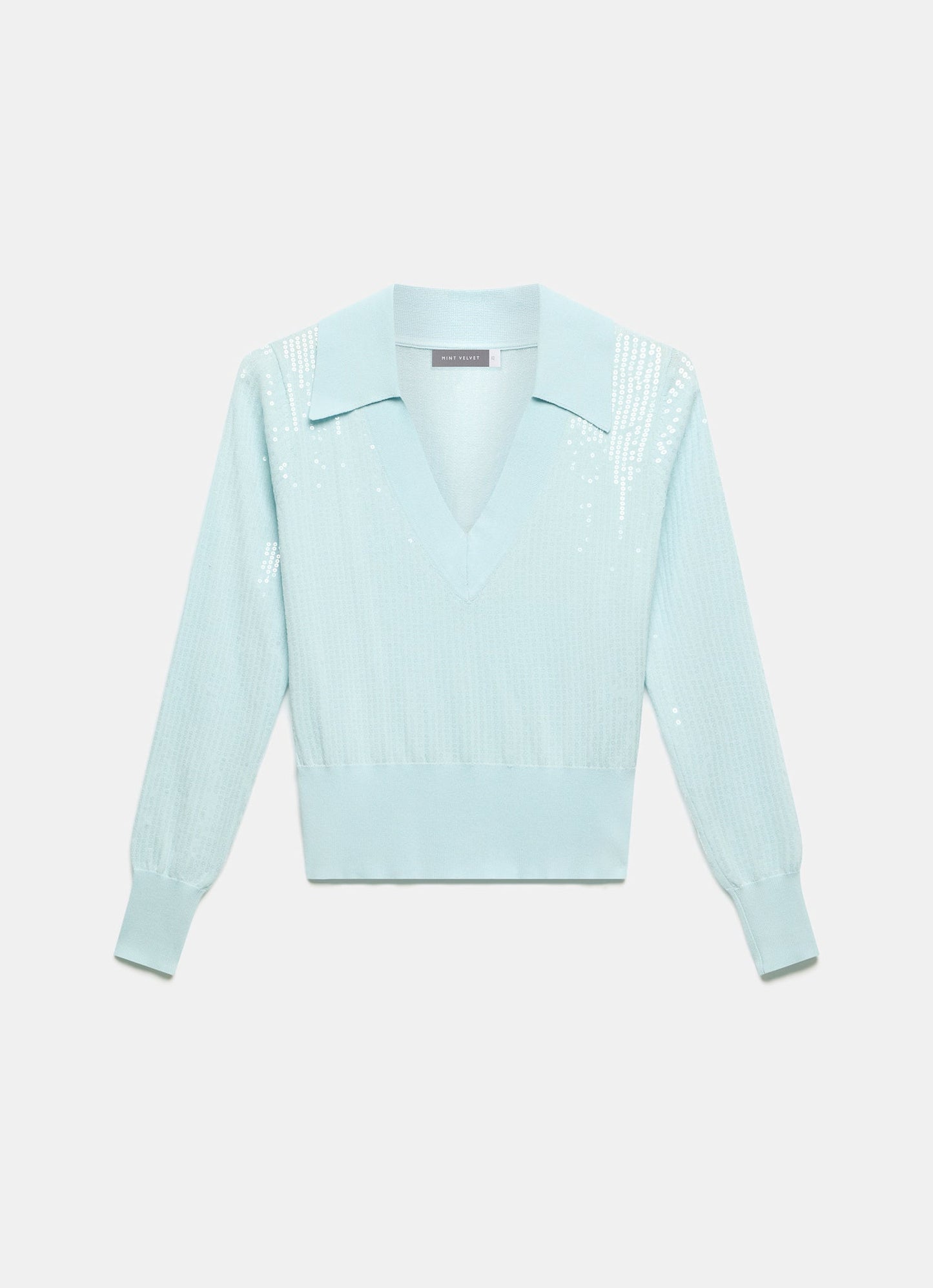 Blue Sequin Knit Polo Top