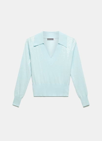 Blue Sequin Knit Polo Top
