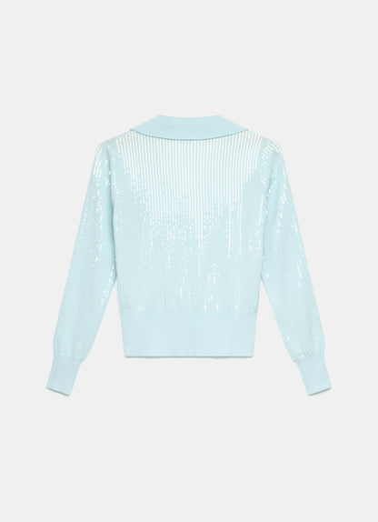 Blue Sequin Knit Polo Top