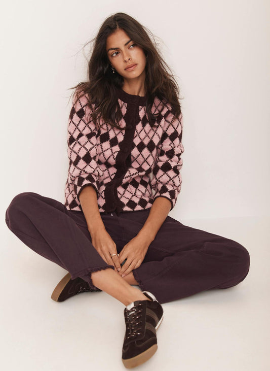 Burgundy Wool Blend Argyle Knit Cardigan