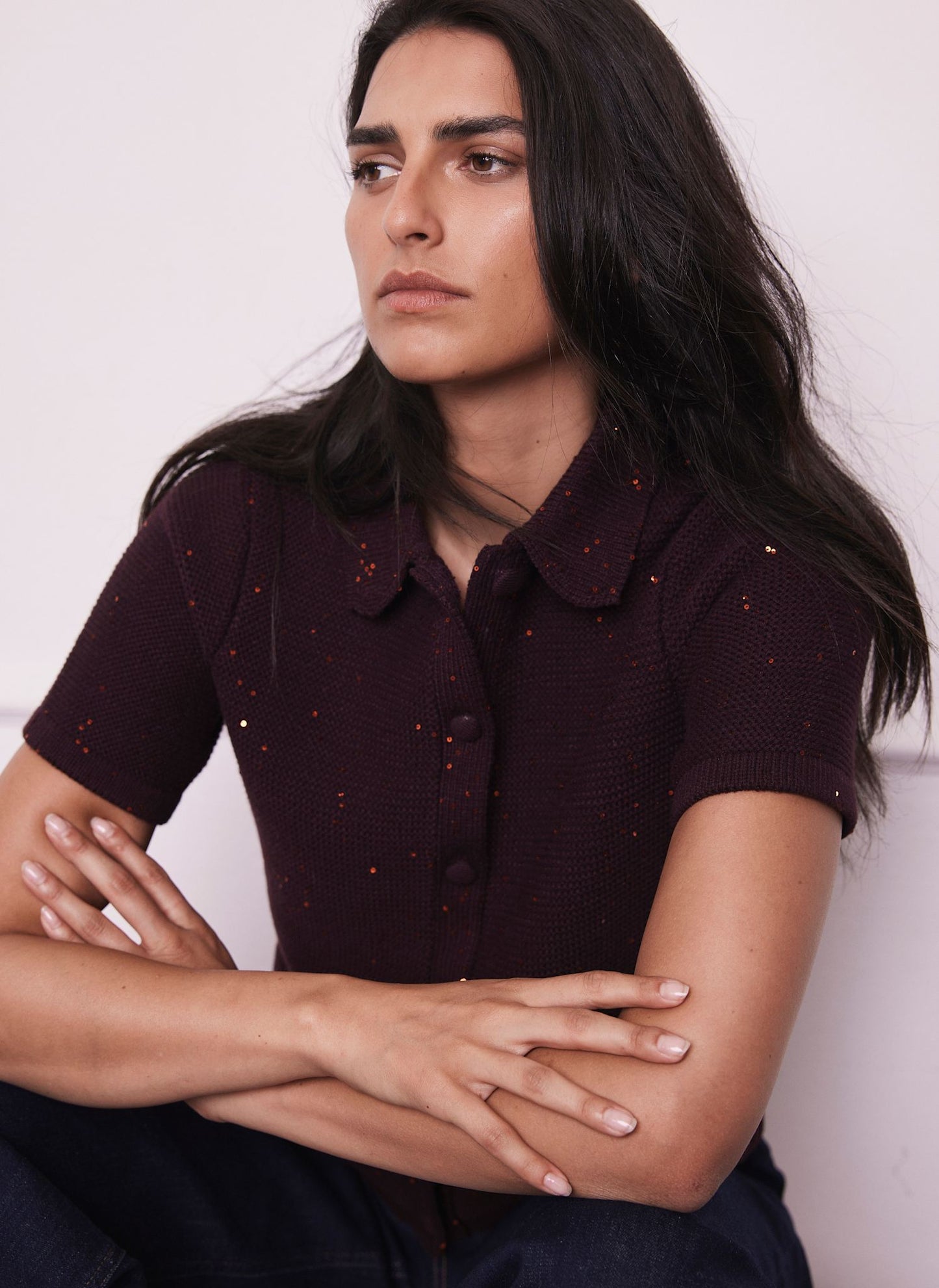 Burgundy Sequin Cotton Blend Cardigan