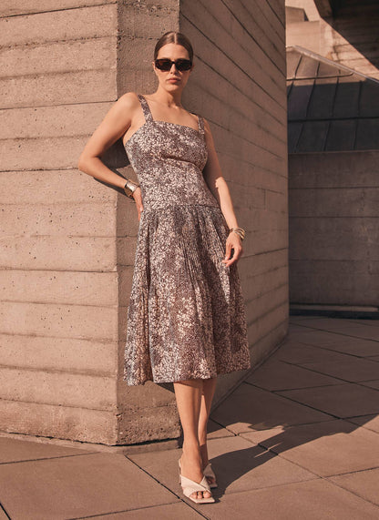 Brown Floral Print Midi Dress