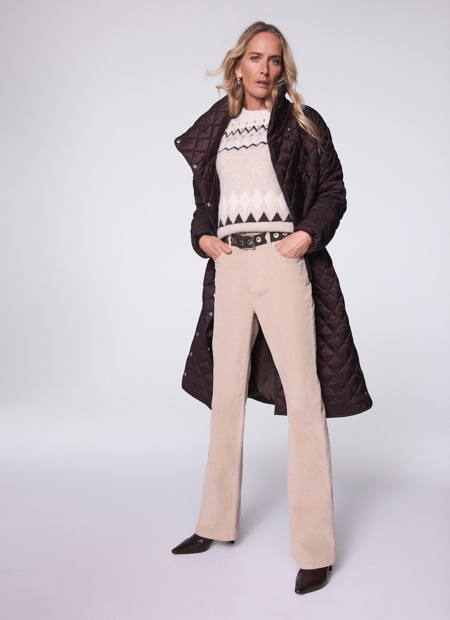 Brown Quilted Funnel Neck Coat