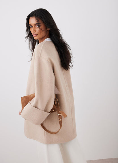 Neutral Wool Blend Hand Finished Collarless Coat