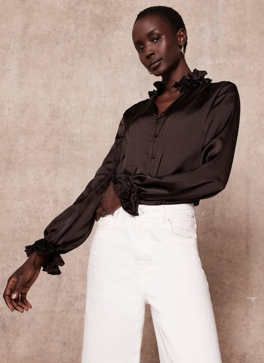 Brown Ruffle Satin Blouse