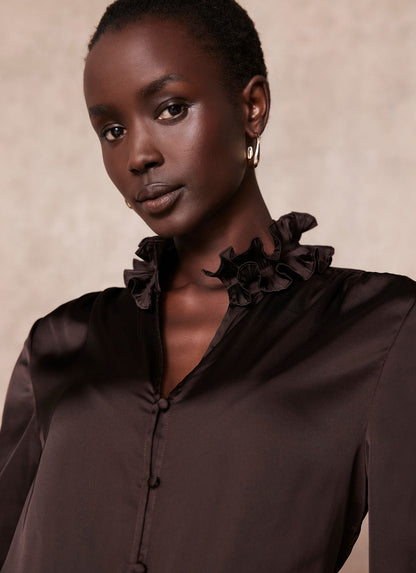 Brown Ruffle Satin Blouse