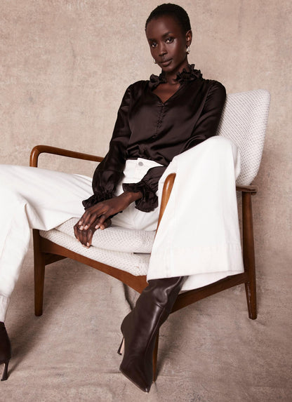 Brown Ruffle Satin Blouse