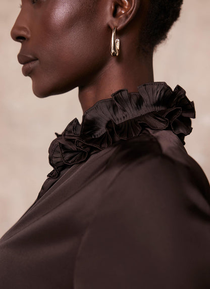 Brown Ruffle Satin Blouse