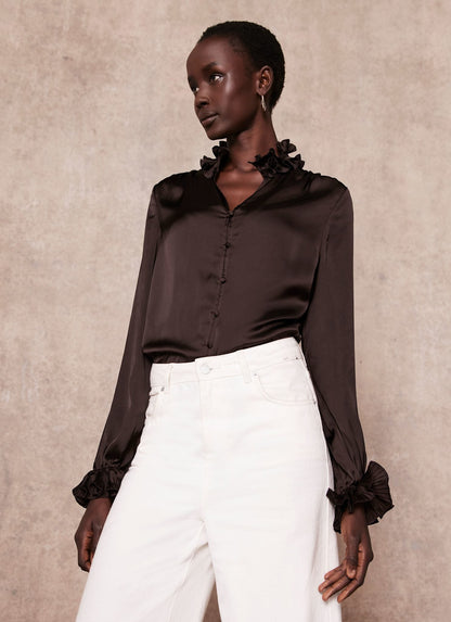 Brown Ruffle Satin Blouse