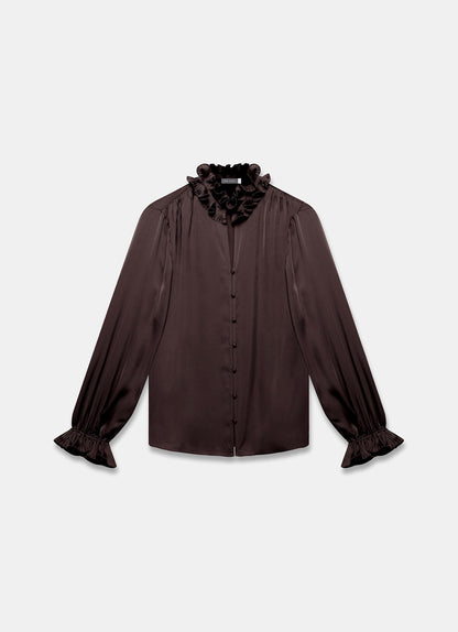 Brown Ruffle Satin Blouse