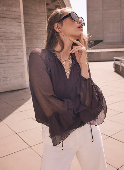 Brown Ruffle Detail Blouse