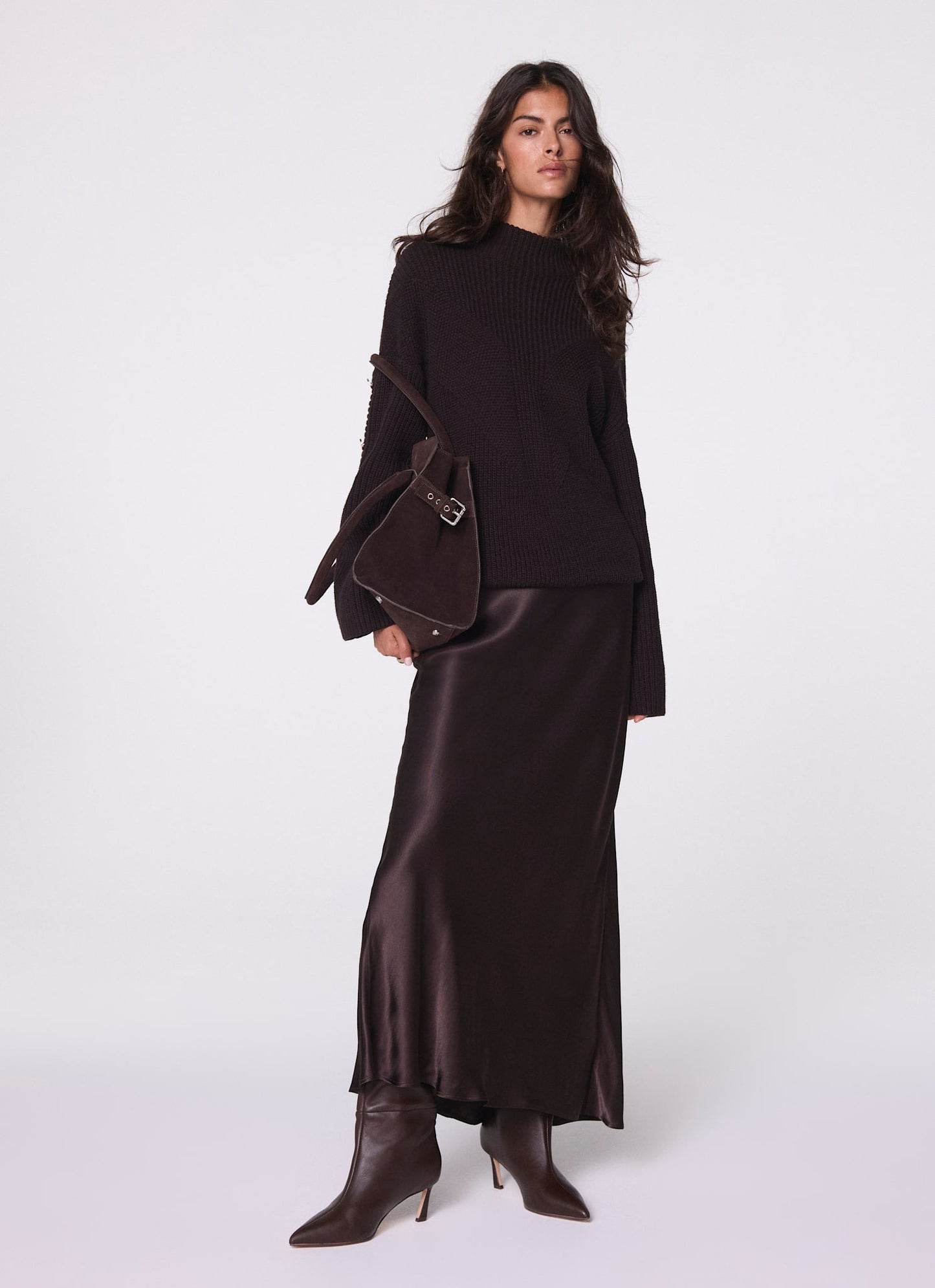 Brown Satin Slip Midi Skirt