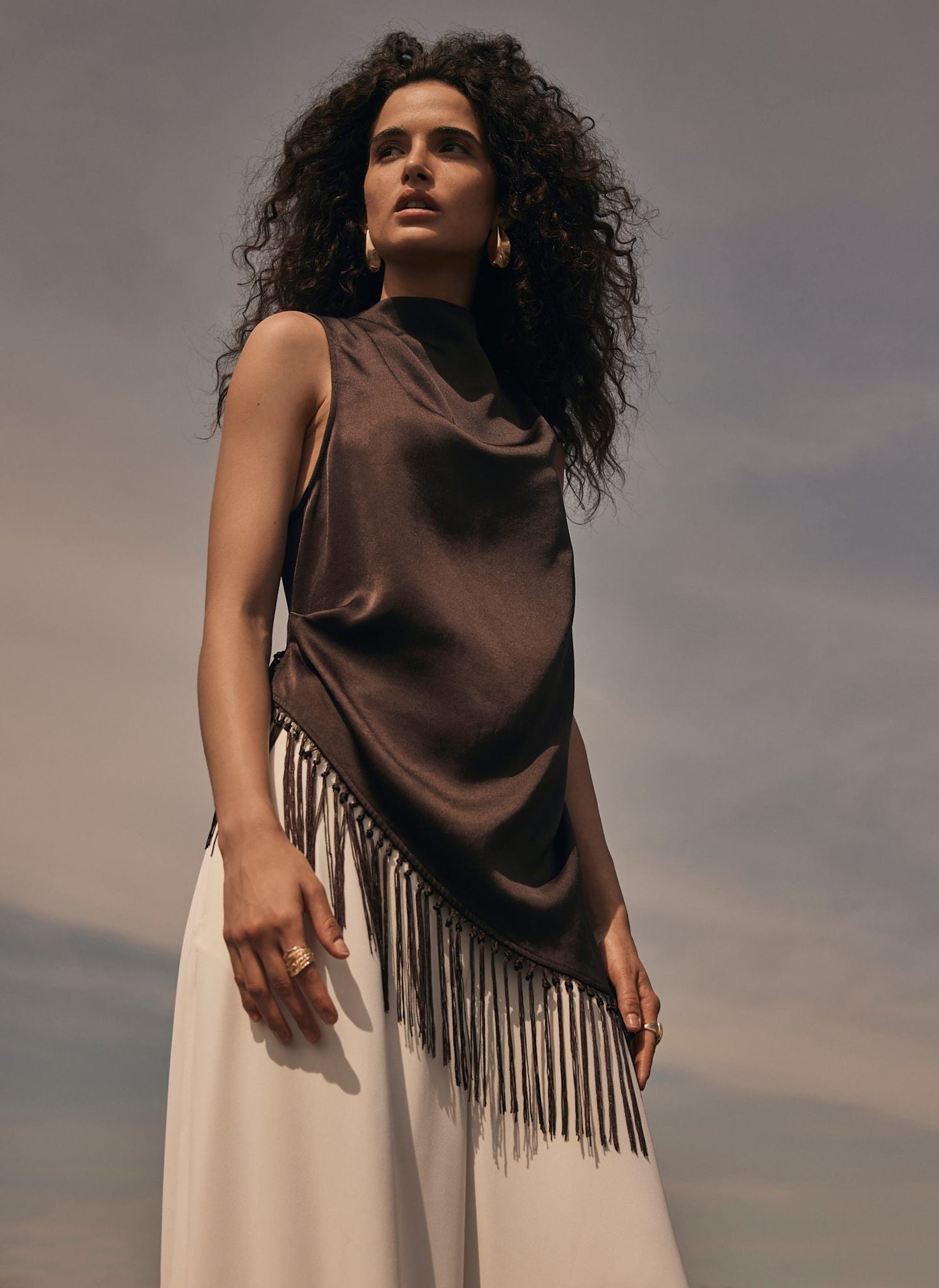 Brown Satin Tassle Top