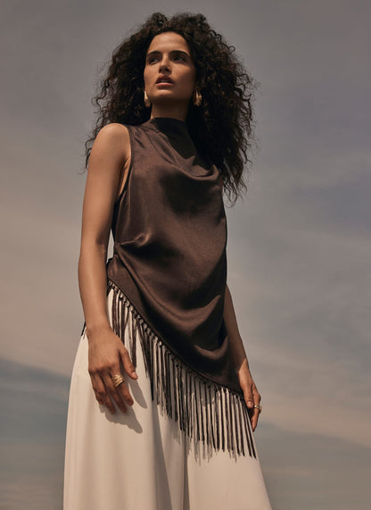 Brown Satin Tassle Top