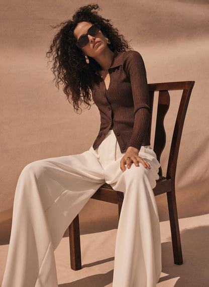 Brown Sheer Collar Knit Shirt