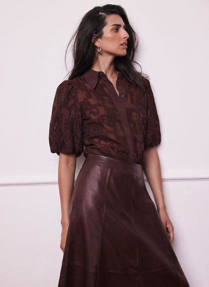 Burgundy Jacquard Puff Sleeve Shirt