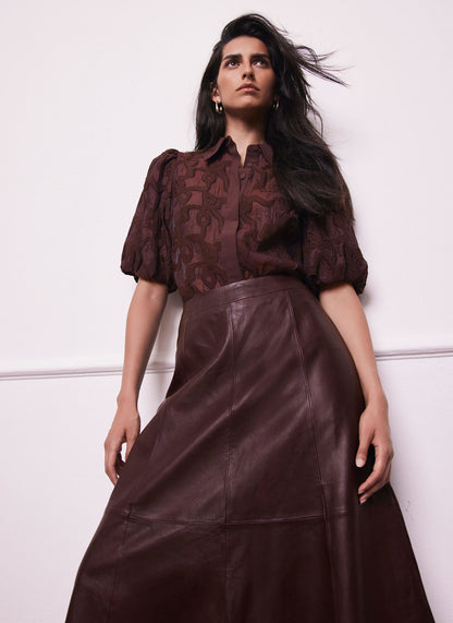 Burgundy Jacquard Puff Sleeve Shirt
