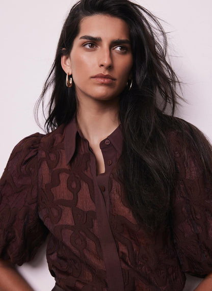 Burgundy Jacquard Puff Sleeve Shirt