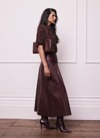 Burgundy Jacquard Puff Sleeve Shirt
