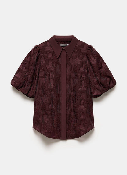 Burgundy Jacquard Puff Sleeve Shirt