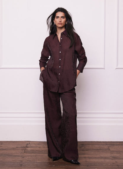 Burgundy Crinkle Textured Wide Trousers