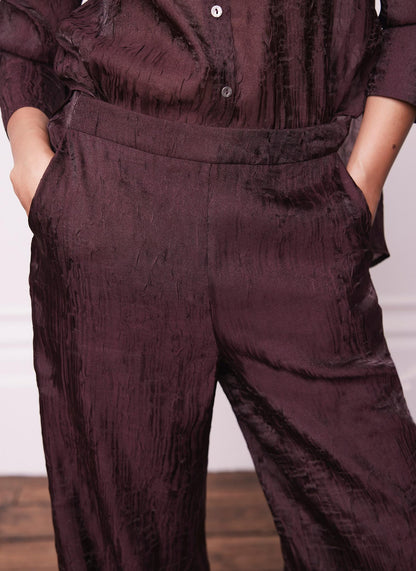 Burgundy Crinkle Textured Wide Trousers