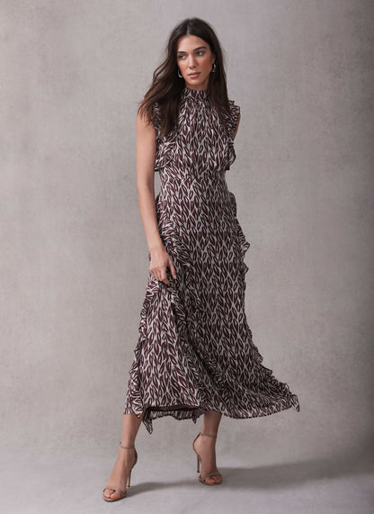 Burgundy Leaf Print Maxi Dress