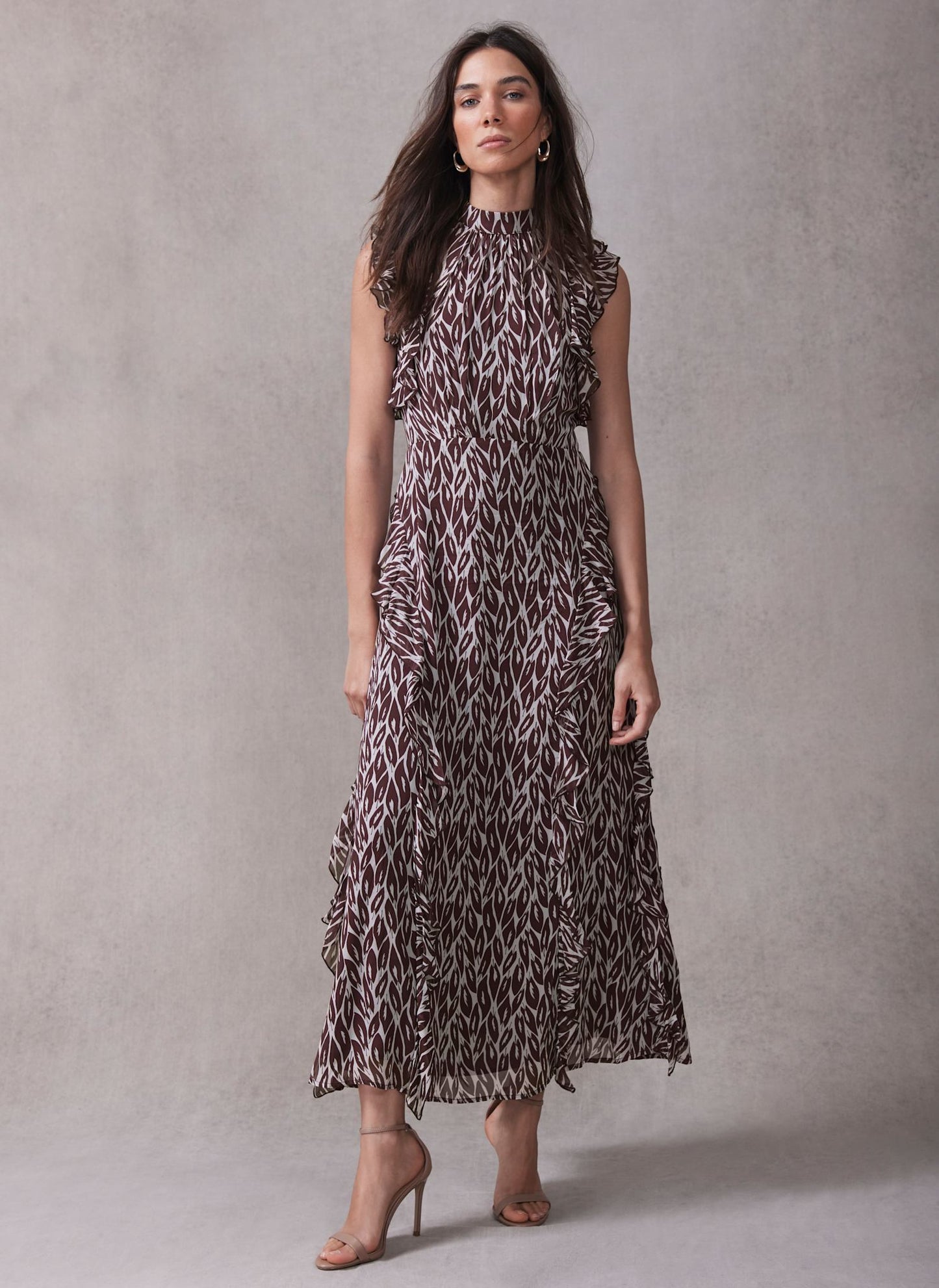 Burgundy Leaf Print Maxi Dress