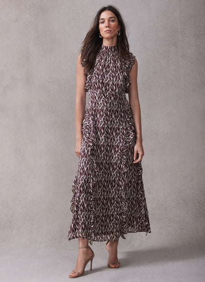 Burgundy Leaf Print Maxi Dress