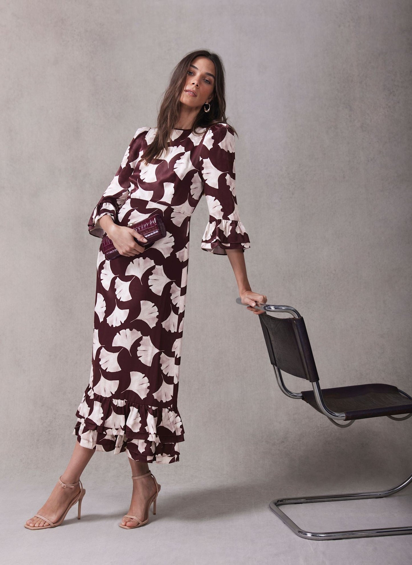 Burgundy Leaf Print Midi Dress