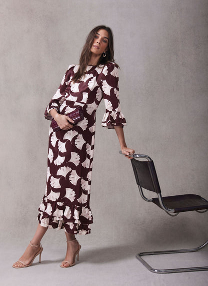 Burgundy Leaf Print Midi Dress